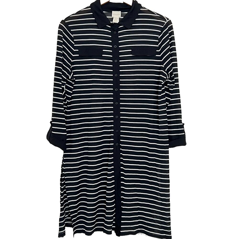 Chico's Tunic Duster Cardigan 2 L Striped Black White Lightweight Semi-sheer